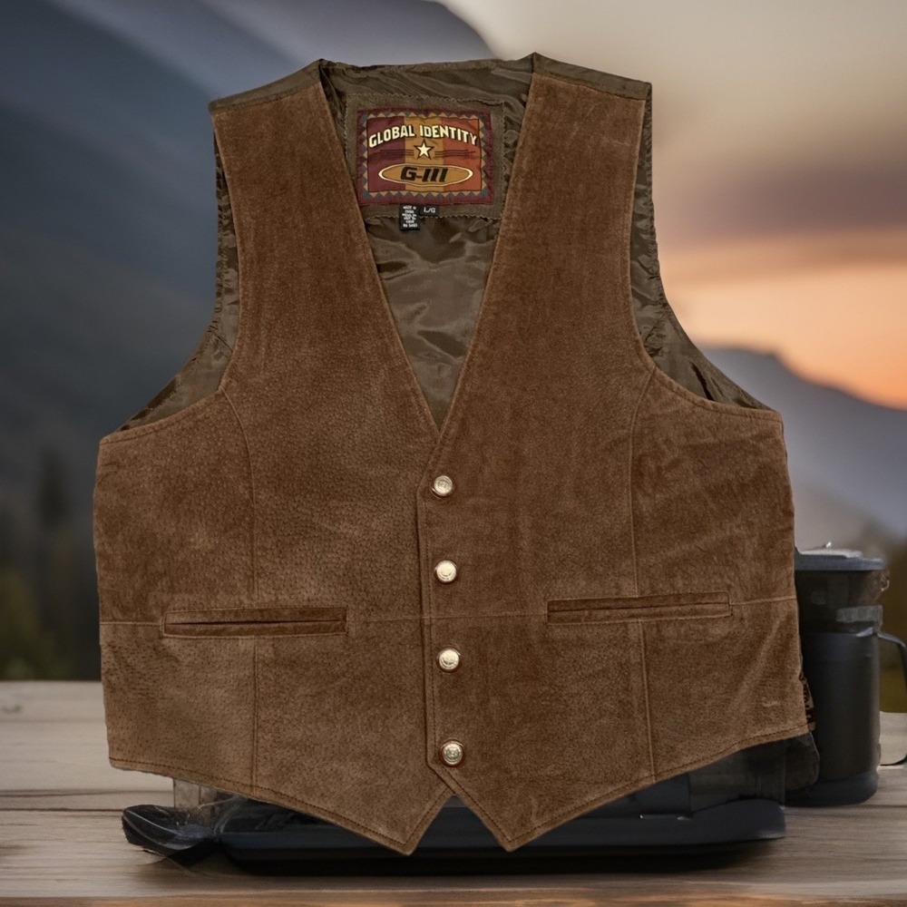 Vintage G-III Global Identity Men's Dark Brown Suede Leather Snap Up Vest Sz L
